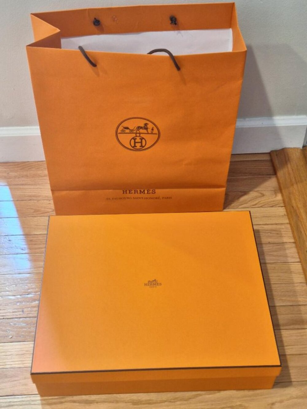 Hermes Orange Gift Box 18" x 4" x 15" & 2 Shopping Bags 18" x 7" x 16" & Ribbon
